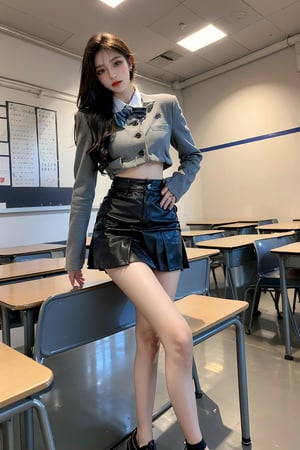 1 Korean girl,female high school student,black long high ponytail,high school,classroom,blurry background,bright,depth of field,earrings,from below,full body,long beauty legs,From below,Looking up,Shoes close to the camera,brown high school uniform, dark pleated skirt,very very short skirt,(Show the top of the thighs and butt), leather shoes,Sitting posture,jewelry,lips,long hair,looking at viewer,motion blur,parted lips,school,solo,Nice legs and hot body,full body to the feet, sit pose, sexy sit pose
