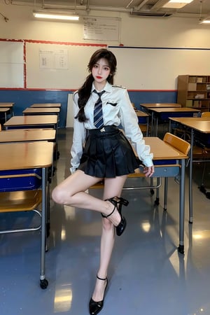 1 Korean girl,female high school student,black long high ponytail,high school,classroom,blurry background,bright,depth of field,earrings,from below,full body,long beauty legs,From below,Looking up,Shoes close to the camera,brown high school uniform, dark pleated skirt,very very short skirt,(Show the top of the thighs), leather shoes,Sitting posture,jewelry,lips,long hair,looking at viewer,motion blur,parted lips,school,solo,Nice legs and hot body,full body to the feet, sit pose, sexy sit pose