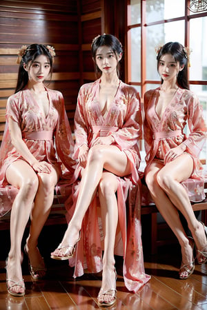 group girls, group chinese classical beauty, 3 beauty chinese girls, Chinese classical hairstyle, Chinese hair accessories, C cup, tall and thin, 25-year-old beautiful young girls, height 170cm, weight 45-50kg, thin legs, full body to the feet, wear different type Chinese classical costume, (different style and color, sexy silk translucent chinese dress, high slit), cleavage, taking a Chinese fan, Chinese style sandals,(flat woven sandals, different type and color sandal), show the long legs, detailed skin texture, white skin, beauty 3 girls, in the chinese temple building indoor, sexy sitting pose, show the nude long legs, each girl has different style, 3 young girls, ancient chinese beauties,ancient_beautiful,myhanfu, hanfu,sexy chinese girls,chinese clothes,lelev3,chinese dress include,Better light, clothes, and hair onarment, fur bunny ear