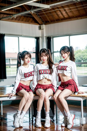 group school girls, 3 cute cheerleading girls, each have different hairstyle and different haircolor, tie ponytail, C cup, tall and thin, 18-year-old beautiful young girls, height 165-170cm, weight 45-50kg, thin legs, full body to the feet, korean high school cheerleading wear, cheerleading short skirts, some hold cheerleading pom-poms, some hold cheer stick, show the long legs, wear sport shoes, detailed skin texture, white skin, sweat, beauty 3 girls, at school, indoor court, sitting pose, each girl has different style, 3 young girls