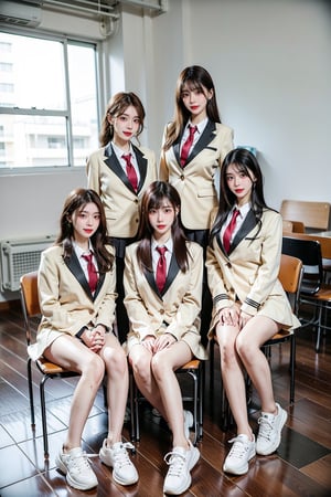 group school girls, 3 cute school girls, each have different hairstyle and different haircolor,earrings, C cup, tall and thin, 18-year-old beautiful young girls, height 165-170cm, weight 45-50kg, thin legs, full body to the feet, korean high school uniform, short skirt, some take bag, show the long legs, wear shoes(different type sneakers or flat student leather shoes), detailed skin texture, white skin, beauty 3 girls, in bright classroom, sexy sitting pose, sit on chairs, each girl has different style, 3 young girls