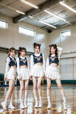 group school girls, 3 cute cheerleading girls, each have different hairstyle and different haircolor, tie ponytail, C cup, tall and thin, 18-year-old beautiful young girls, height 165-170cm, weight 45-50kg, thin legs, full body to the feet, korean high school cheerleading wear, cheerleading short skirts, some hold cheer stick, show the long legs, wear sport shoes, detailed skin texture, white skin, sweat, beauty 3 girls, at school, in stadium, indoor court, each girl has different style, lively action, 3 young girls