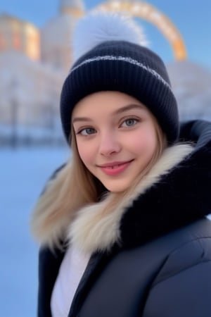 anna, highly detailed face, snow cityscape, big lips, fluffy beanie, black fluffy rimmed jacket, shorts, russian girl, looking at viewer, smiling, bokeh, sharp, ultra detailed