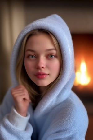 anna, highly detailed face, by the fireplace, big lips, winter pajamas, russian girl, looking at viewer, smirking, (bokeh:1.3), sharp, ultra detailed, lens flare, night time, dream like art, ultra realistic, ultra detailed clothing, ultra detailed shadows, vibrant, ultra detailed lighting