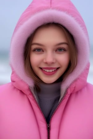 anna, highly detailed face, beach, big lips, winter pink jacket, shorts, russian girl, looking at viewer, smiling, bokeh, sharp, ultra detailed