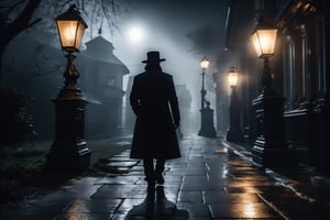 ((Top photo Quality, 8k, Masterpiece: 1.3)), Focus: 1.2, night shot, light from old lanterns, foggy aymosphere, old victorian style house, no lights in windows, looks abandoned, Rays of light in from lanterns, lovecraft style, one dark silhouette wearing hat and coat