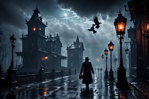 ((Top photo Quality, 8k, Masterpiece: 1.3)), Focus: 1.2, night shot, long pavement, old lanterns as only light source, thick fog, old victorian style houses along,  abandoned, vine on walls, trees arround, Rays of light from old simple lanterns, wet pavement, lovecraft style, one dark silhouette wearing hat and coat, dark, dim thin moon, horror, gloomy, scarry, ravens on the lantern and in  the air, blue and orange colors