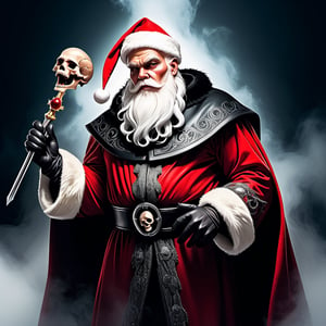 Masterpiece, surreal photography, high quality, in a parallel world to ours, Santa Claus is a dark side character, ((((White skin)))). He looks quite like a mafia with an all-black Santa Claus outfit and an evil face. Standing in the dead air, Unique masterpiece,((((((His right hand holds the scepter of death, his left ear holds a skull))))))