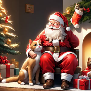 Masterpiece, high quality,Santa Claus is playing with his cat cute, dog cute after a hard day's work, the atmosphere is hostile, Super Detail, Full HD
