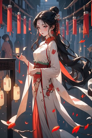 Hanama wine, 1girl, lantern, long hair, black hair, solo, dress, branch, white dress, jewelry, water, chinese clothes, hair ornament, night, hair bun, facial mark, full body, flower, petals, tree, light, holding,anime,szhf dress,winterhanfu,chinese_painting,Chinese style