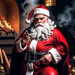 Masterpiece, hyper realistic photography, high quality, in the parallel world to us, Santa Claus is a dark side character, ((((((white skin)))))). He looks quite like mafia with all black Santa Claus clothes, cruel face, smoking a big cigars. Standing at a death atmosphere place,Unique Masterpiece.