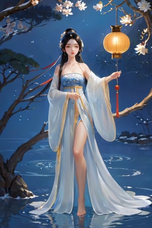 Hanama wine, 1girl, lantern, long hair, black hair, solo, dress, branch, white dress, jewelry, water, chinese clothes, hair ornament, night, hair bun, facial mark, full body, flower, petals, tree, light, holding,anime,szhf dress,winterhanfu,chinese_painting,Chinese style,xxmix_girl