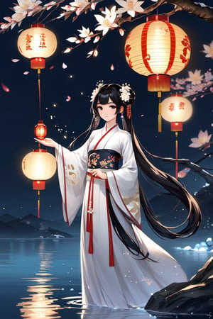 Hanama wine, 1girl, lantern, long hair, black hair, solo, dress, branch, white dress, jewelry, water, chinese clothes, hair ornament, night, hair bun, facial mark, full body, flower, petals, tree, light, holding,anime,szhf dress,winterhanfu,chinese_painting,Chinese style,xxmix_girl,LinkGirl