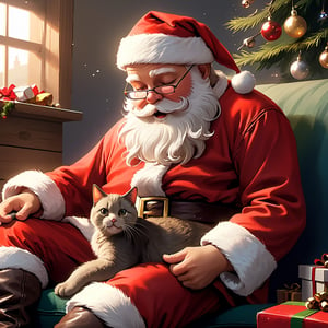 Masterpiece, high quality,Santa Claus is playing with his cat after a hard day's work, the atmosphere is hostile, Super Detail, Full HD