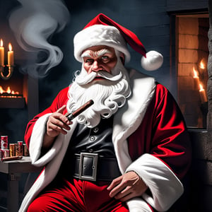 Masterpiece, hyper realistic photography, high quality, in the parallel world to us, Santa Claus is a dark side character, ((((((white skin)))))). He looks quite like mafia with all black Santa Claus clothes, cruel face, smoking a big cigars. Standing at a death atmosphere place,Unique Masterpiece.