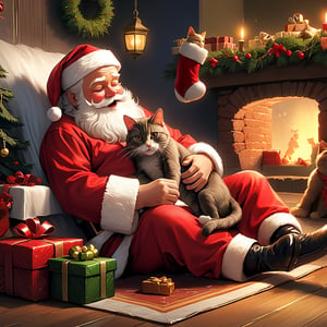 Masterpiece, high quality,Santa Claus is playing with his cat after a hard day's work, the atmosphere is hostile, Super Detail, Full HD