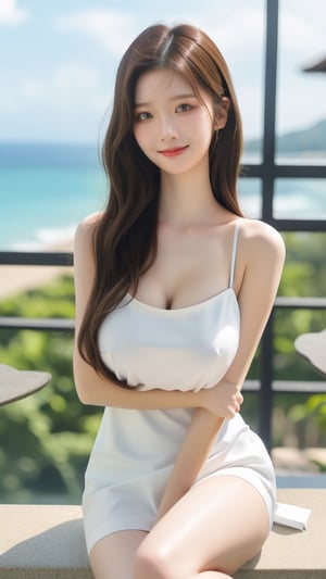 huge breasts, reality, beauty, masterpiece, hd, super detailed eyes, 1girl, brown hair, long hair, smile, bali, sea view, white panties, thigh straps, sleeveless slip dress, sexy pose, eye-catching pose, hk_girl, emphasizing breast curves, medium breasts