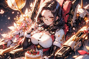 (absurdres, highres, ultra detailed), (1girl:1.3), (beautiful and aesthetic:1.3), brown_eyes, black_hair, short_hair, (forehead:1.3), glasses ,  smile,
BREAK
 white beard stained with frosting, twinkling eyes, seated at a table, holding a fork, cake slice in hand, content expression
BREAK
cozy living room, (festive decorations:1.3), glowing fireplace,  cozy ambiance, laughter in the air, ultra detailed, beautiful, best quality