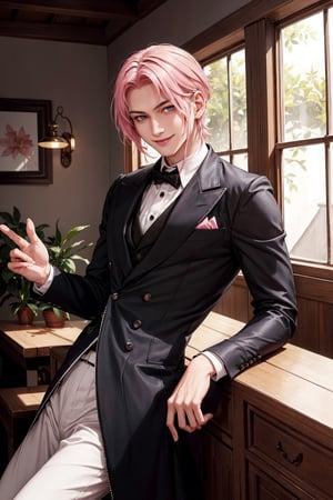 Cute, cute guy, short-hair, pink_hair, smiling, seductive_pose, victorian 