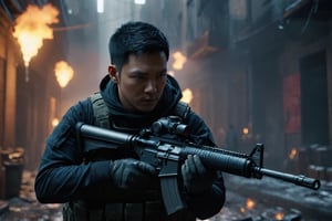 A male Division agent in the midst of an intense firefight, wearing high-tech gear inspired by 'The Division' PC game, skillfully handling a rifle. The scene unfolds in a dystopian city, captured in a gritty, action-packed battle sequence. This agent is modeled with volumetric lighting, enhancing the drama of the scene. Render this image in 8K using Octane, focusing on achieving an extremely hyper-detailed and intricate composition that feels like an epic. The cinematic lighting should be emphasized to create a masterpiece effect. The scene should mirror a stunningly detailed matte painting, rich with deep, fantastical colors and a complementary color scheme, capturing the essence of fantasy concept art. Ensure the image is in 8K resolution, utilizing Unreal Engine 5 for an advanced render. Chiaroscuro and bioluminescent effects should be used to create dramatic contrasts, with volumetric light adding auras and rays in vivid colors. The agent's face should be prominently framed, conveying intensity and focus. Choose an editorial medium full body shot style of photography, maintaining an 8K RAW photo level quality, treated as a masterpiece. Incorporate twilight, natural, and beautifully dramatic lighting to create a trending piece on ArtStation and CGSociety. This dramatic lighting contributes to an immersive and intense atmosphere, while avoiding specific art styles like artgerm, Liang Xing, or WLOP to maintain originality. Keep the chiaroscuro subtle (chiaroscuro:0.2) for a realistic touch, ensuring the render is extremely realistic and detailed, following the high standards of SDXL. Enhance the realism and detail of the hands (Perfect hands:1.2), capturing the essence of the agent's skill and precision in the midst of battle.,M16 Rifle series