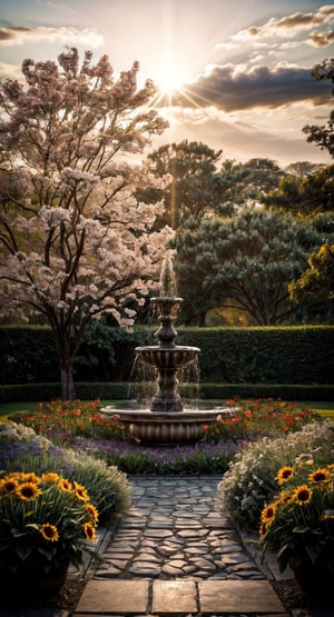 Photographic portrayal of an enchanted late afternoon garden, awash in warm sunlight. Foreground: lush grass with winding, weathered cobblestone pathways through vibrant flower beds. Sunflowers, tulips, daffodils, irises, and roses in myriad colors create a tapestry of textures and hues. Wildflower patches add untamed beauty, complemented by diverse shrubs and trees. Central ornate fountain with cascading water adds tranquility. Butterflies and bees animate the scene, with a secluded feel provided by a tall background hedge. Sky: soft pastel with golden sunlight casting gentle shadows, highlighting floral colors. Bright, colorful photographic style, focusing on vivid colors, delicate textures, light-shadow interplay, and enchanting atmosphere. Camera settings capture both detailed foreground and expansive garden landscape. (magical serene oasis:1.3), nature's beauty and diversity celebration.