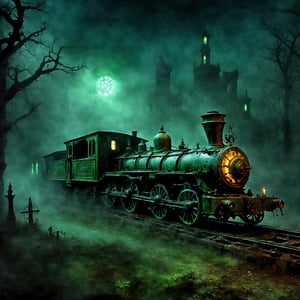 Professional horror concept art, (haunted steam punk ghost train:1.4), rusted and ominous, threading through a desolate, (foggy graveyard at midnight, adorned with ghostly phantasms, spectral figures clinging, eerie green phosphorescence:1.5) haunting spirits swirling around decrepit carriages, H.R. Giger-inspired biomechanical decay, sinister red eyes, (frightening spectral aura:1.3), Guillermo del Toro's macabre and rusted aesthetic, dense mist, chilling, ominous lighting, hyper-detailed, nightmare-inducing, ultra high resolution.