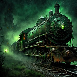 Professional horror concept art, (haunted steam punk ghost train:1.4), rusted and ominous, threading through a desolate, (raining graveyard at midnight, adorned with ghostly phantasms, spectral figures clinging, eerie green phosphorescence:1.5) haunting spirits swirling around decrepit carriages, H.R. Giger-inspired biomechanical decay, sinister red eyes, (frightening spectral aura:1.3), Guillermo del Toro's macabre and rusted aesthetic, dense mist, chilling, ominous lighting, hyper-detailed, nightmare-inducing, ultra high resolution.