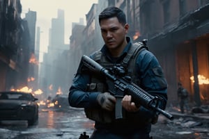 A male Division agent in the midst of an intense firefight, wearing high-tech gear inspired by 'The Division' PC game, skillfully handling a rifle. The scene unfolds in a dystopian city, captured in a gritty, action-packed battle sequence. This agent is modeled with volumetric lighting, enhancing the drama of the scene. Render this image in 8K using Octane, focusing on achieving an extremely hyper-detailed and intricate composition that feels like an epic. The cinematic lighting should be emphasized to create a masterpiece effect. The scene should mirror a stunningly detailed matte painting, rich with deep, fantastical colors and a complementary color scheme, capturing the essence of fantasy concept art. Ensure the image is in 8K resolution, utilizing Unreal Engine 5 for an advanced render. Chiaroscuro and bioluminescent effects should be used to create dramatic contrasts, with volumetric light adding auras and rays in vivid colors. The agent's face should be prominently framed, conveying intensity and focus. Choose an editorial medium full body shot style of photography, maintaining an 8K RAW photo level quality, treated as a masterpiece. Incorporate twilight, natural, and beautifully dramatic lighting to create a trending piece on ArtStation and CGSociety. This dramatic lighting contributes to an immersive and intense atmosphere, while avoiding specific art styles like artgerm, Liang Xing, or WLOP to maintain originality. Keep the chiaroscuro subtle (chiaroscuro:0.2) for a realistic touch, ensuring the render is extremely realistic and detailed, following the high standards of SDXL. Enhance the realism and detail of the hands (Perfect hands:1.2), capturing the essence of the agent's skill and precision in the midst of battle.,M16 Rifle series