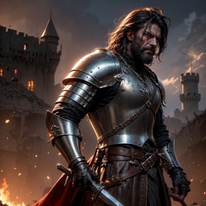 digital painting of a war-torn medieval castle, featuring a grizzled mercenary clad in piecemeal armor from leather to chainmail, wielding a long broad sword. The scene captures the aftermath of a fierce battle, with scorched earth and remnants of conflict. Inspired by Frank Frazetta's dramatic and gritty style, the image is rendered in ultra high definition, emphasizing the mercenary's battle-hardened demeanor and the castle's formidable, yet damaged, structure. Shot in the style of a cinematic film still, using a Canon EOS 5D Mark IV for its exceptional detail capture and depth of field, the artwork showcases intricate armor details, realistic textures, and a moody, atmospheric setting. The composition balances the brutality of war with the resilience of the mercenary, set against the backdrop of a once-majestic, now besieged fortress.