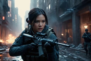 A female Division agent in the midst of an intense firefight, wearing high-tech gear inspired by 'The Division' PC game, skillfully handling a rifle. The scene unfolds in a dystopian city, captured in a gritty, action-packed battle sequence. This agent is modeled with volumetric lighting, enhancing the drama of the scene. Render this image in 8K using Octane, focusing on achieving an extremely hyper-detailed and intricate composition that feels like an epic. The cinematic lighting should be emphasized to create a masterpiece effect. The scene should mirror a stunningly detailed matte painting, rich with deep, fantastical colors and a complementary color scheme, capturing the essence of fantasy concept art. Ensure the image is in 8K resolution, utilizing Unreal Engine 5 for an advanced render. Chiaroscuro and bioluminescent effects should be used to create dramatic contrasts, with volumetric light adding auras and rays in vivid colors. The agent's face should be prominently framed, conveying intensity and focus. Choose an editorial medium full body shot style of photography, maintaining an 8K RAW photo level quality, treated as a masterpiece. Incorporate twilight, natural, and beautifully dramatic lighting to create a trending piece on ArtStation and CGSociety. This dramatic lighting contributes to an immersive and intense atmosphere, while avoiding specific art styles like artgerm, Liang Xing, or WLOP to maintain originality. Keep the chiaroscuro subtle (chiaroscuro:0.2) for a realistic touch, ensuring the render is extremely realistic and detailed, following the high standards of SDXL. Enhance the realism and detail of the hands (Perfect hands:1.2), capturing the essence of the agent's skill and precision in the midst of battle.,M16 Rifle series