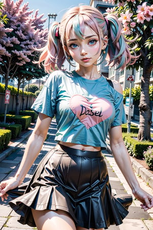 (masterpiece), (best quality), Cute anime girl flirting, (pastel-colored tshirt and low cut skirt:1.5), large expressive eyes and pigtails, deep blue eyes, closed mouth, Lush, vibrant garden, digital illustration, with a soft focus 50mm lens, medium shot. Surrounded by blooming cherry blossoms,  (visible Shoulder and Stomach:1.25), creating a dreamy atmosphere, (artstation:1.2), (vivid colors:1.3), (soft light:1.25), (high resolution:1.15), 1girl, heart hands,heart hands