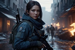 A beautiful female Division agent in the midst of an intense firefight, wearing high-tech gear inspired by 'The Division' PC game, skillfully handling a rifle. The scene unfolds in a dystopian city, captured in a gritty, action-packed battle sequence. This agent is modeled with volumetric lighting, enhancing the drama of the scene. Render this image in 8K using Octane, focusing on achieving an extremely hyper-detailed and intricate composition that feels like an epic. The cinematic lighting should be emphasized to create a masterpiece effect. The scene should mirror a stunningly detailed matte painting, rich with deep, fantastical colors and a complementary color scheme, capturing the essence of fantasy concept art. Ensure the image is in 8K resolution, utilizing Unreal Engine 5 for an advanced render. Chiaroscuro and bioluminescent effects should be used to create dramatic contrasts, with volumetric light adding auras and rays in vivid colors. The agent's face should be prominently framed, conveying intensity and focus. Choose an editorial medium full body shot style of photography, maintaining an 8K RAW photo level quality, treated as a masterpiece. Incorporate twilight, natural, and beautifully dramatic lighting to create a trending piece on ArtStation and CGSociety. This dramatic lighting contributes to an immersive and intense atmosphere, while avoiding specific art styles like artgerm, Liang Xing, or WLOP to maintain originality. Keep the chiaroscuro subtle (chiaroscuro:0.2) for a realistic touch, ensuring the render is extremely realistic and detailed, following the high standards of SDXL. Enhance the realism and detail of the hands (Perfect hands:1.2), capturing the essence of the agent's skill and precision in the midst of battle,M16 Rifle series