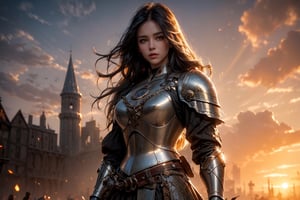 close up of beautiful medieval warrior standing valiantly in front of a ravaged medieval city, with detailed armor reflecting the setting sun. The background showcases the remnants of once grand human architecture, partially destroyed and overgrown with nature. The image is a high-resolution, photorealistic depiction, resembling a professional photograph. Art inspirations: by oprisco, rutkowski. Camera shot: medium shot, Lens: 70mm, View: front. Render: HDR, Unreal Engine, Lighting: golden hour light, Resolution: 8K, Details: hyper detailed (beautiful medieval warrior:1.25), (ravaged Human city:1.2), (golden hour light:1.3)"