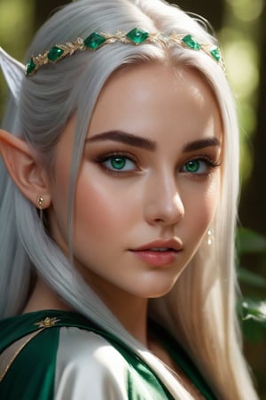 ((Head to waist photo of a seductive young elf princess with innocent features and emerald green eyes and long stylish silver layer hair and slightly pointed ears wearing an open robe)), in a forest, (RAW, analog, Sony 85mm, ((best quality)), ((masterpiece)), ((realistic)), radiant light rays, highres, detailed facial features, high detail, sharp focus, aesthetic, extremely detailed, extremely detailed eyes, extremely detailed body, extremely detailed skin, octane render, photo_\(ultra\), realistic, post-processing, max detail, realistic shadows, roughness, natural skin texture, real life, ultra realistic, photorealism, photography, 8k uhd, photography, hdr, intricate, elegant, highly detailed, sharp focus), ((High Detail RAW color Photo, Full Shot, outdoors), perfect face, (detailed skin, diffused skin pores), (highly detailed, fine details, intricate), raytracing, specular lighting, shallow depth of field, photographed on a Sony Alpha 1, 85mm lens, f/1. 4 GM, hard focus, smooth, cinematic film still), center framed, symmetrical, hasselblad,outfit-km,aw0k euphoric style