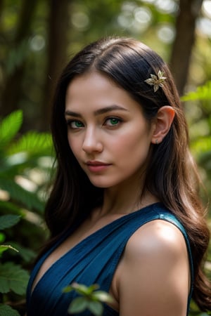 head to waist photograph of a young elf princess with silver hair, showcasing her innocent features and emerald green eyes with subtly pointed ears. She is garbed in alluring blue clothing. The scene is set in a forest, capturing the natural essence with radiant light rays filtering through the foliage. Shot on a Sony Alpha 1 with an 85mm f/1.4 GM lens, the image emphasizes realistic shadows and natural skin texture, achieving a high level of detail. The photo is characterized by a shallow depth of field, specular lighting, and a hard focus, creating a smooth, cinematic effect. The elf princess is center-framed, creating a symmetrical composition, reminiscent of a Hasselblad-style photograph. The image aims for photorealism, with a focus on capturing intricate facial details and the elegant demeanor of the subject.