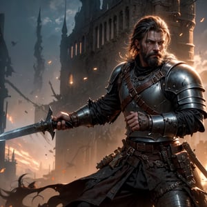 digital painting of a war-torn medieval castle, featuring a grizzled mercenary clad in piecemeal armor from leather to chainmail, wielding a long broad sword. The scene captures the aftermath of a fierce battle, with scorched earth and remnants of conflict. Inspired by Frank Frazetta's dramatic and gritty style, the image is rendered in ultra high definition, emphasizing the mercenary's battle-hardened demeanor and the castle's formidable, yet damaged, structure. Shot in the style of a cinematic film still, using a Canon EOS 5D Mark IV for its exceptional detail capture and depth of field, the artwork showcases intricate armor details, realistic textures, and a moody, atmospheric setting. The composition balances the brutality of war with the resilience of the mercenary, set against the backdrop of a once-majestic, now besieged fortress.