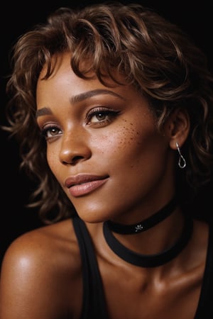 Whitney Houston photo, rule of thirds, dramatic lighting, medium hair, detailed face, detailed nose, woman wearing tank top, freckles, collar or choker, smirk, tattoo, black background
,realism,realistic,raw,analog,woman,portrait,photorealistic,analog,realism