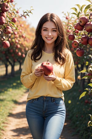 photograph of a happy 25 year old woman picking apples in an apple orchard, wearing jeans and long sleeve shirt, autumn, bright sunny day, lens flare, HD 