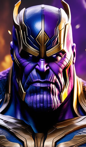 Create an immersive visual experience of Thanos from avengers end game, incorporating a sinister and eerie ambiance. Utilize illusory wallpaper portraits that bring forth elements of darkness and horror. Employ vibrant and realistic colors to enhance the overall atmosphere. Employ intense close-ups to capture intricate details. Ensure ultra-high-definition imagery for optimal clarity. make sure the details on the sample picture are present in the outcome. Embrace a modular approach to present a diverse array of visuals. Draw inspiration from mosaic art to infuse a sense of realism into the composition.