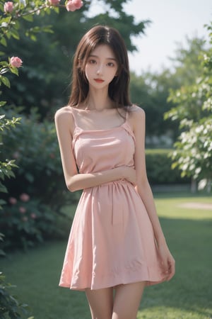 a girl, beautiful, youthful,((1m75 tall)), looking at the camera, slim,((small waist:1.2)), rose garden, pink dress,((Big breasts:1.3))