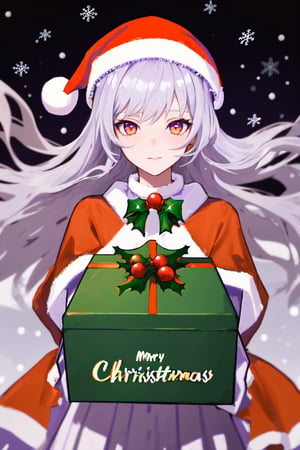 (masterpiece,best quality),finely detail, solo, colorful,, floating_hair,1girl, hat, gray_hair, long_hair, sister, ((orange eyes)), hxls, ((purple and white clothes)), (((xmas))),
