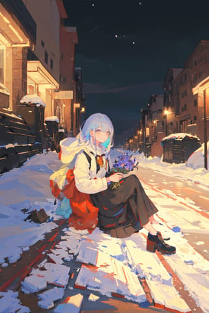(masterpiece,best quality),finely detail, solo, colorful, detailed eyes, floating_hair,1girl,  (wide shot), cinematic angle , dead flowers,wind, ancient artifact modern city,debris, heirloom,  ((from far away)), views, 1girl, female_solo, perspective, (ultrawide shot), sitting on chest, under light, street, (night), (snow)