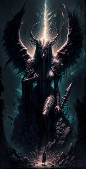 create a hyper realistic image of ((angel)) healing ((demon)) sharp focus, women o 
knees hugging right leg, (pyramid head), gigantic sword in back, after battle, angel with dark horses, scary terrifying, dark heaven, background of  nightmare . highly detailed . high_resolution, highly detailed, sharp focus.8k,More Detail,monster,aw0k magnstyle,inst4 style,darkart,modelshoot style,fantasy00d