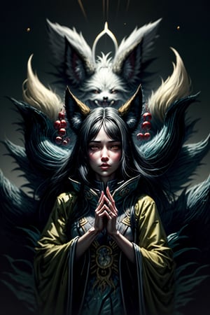 fox_tail,black-hair,5_figners,yellow_eyes,fox_girl,fox_ears,horns,halo,Ahri,midjourney,upper_body,More Detail,league_of_legends_ahri,(((multiple tails, ninetales))) ,more detail XL,black hair,fantasy00d