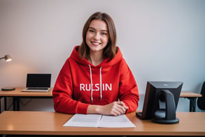 A young 22 year old beautiful Russian woman smiling name Jeane wearing a red hoodie and t-shirt, sitting in a desk facing into camera,straight body and face, modern background with cool lighting,background wall decor,air conditioner, mic on the desk, paper and pen with other gadgets lying around there, high details 4k 