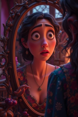 3d vibrant cartoon art Illustrate of A woman standing before a mirror in a dimly lit room, her tired face reflected with dark circles under her eyes, with soft shadows cast by a flickering light in the background, 3d animation style, Pixar style, horror, 8k, HDR, ultra detailed 