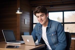 A young 22 year old handsome man name Chris wearing a jean jacket and t-shirt, sitting in a desk facing into camera,front angle shot, straight body and face, mouth closed, modern background with cool lighting, laptop on the desk with other gadgets lying around there, high details 4k 