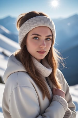 A 23 year old  girl with a serene expression stands proudly atop a majestic snow-covered mountain, bundled up in warm winter clothes to shield against the chill. Their face with pale skin, illuminated by the brilliant sunlight on this beautiful day, captivates the viewer with its genuine beauty. This stunning photograph, taken with a Fujifilm XT3 camera, captures every intricate detail of their features in astonishingly high resolution – an impressive 8k UHD RAW photo. The image carries a subtle touch of film grain, lending it a nostalgic feel. With a direct gaze into the camera, it brings forth a remarkable sense of intimacy and connection,<lora:659095807385103906:1.0>