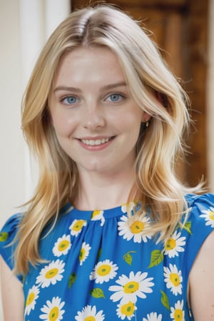 photo of beautiful 24 y.o Kate Mildrew, medium length blonde hair,  blue eyes, detailed eyes, pale skin, looking confident, casual, indoor, with an air of superiority, colourful flowery summer dress, smile, 