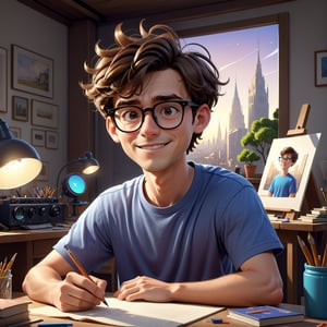 masterpiece artwork, best quality,  

Cartoon Illustration, 
a young man named Mark, with short brown hair with a slightly messy yet intentional style. wearing eyeglasses, a classic T-shirt, sitting in his studio , hands on the table,  portrait, smiling,

8k, octane render, natural lighting, hyperrealistic, 
3d cartoon, extremely detailed, dynamic angle, 
magic, surreal, fantasy, digital art, UHD, cinematic perfect light,